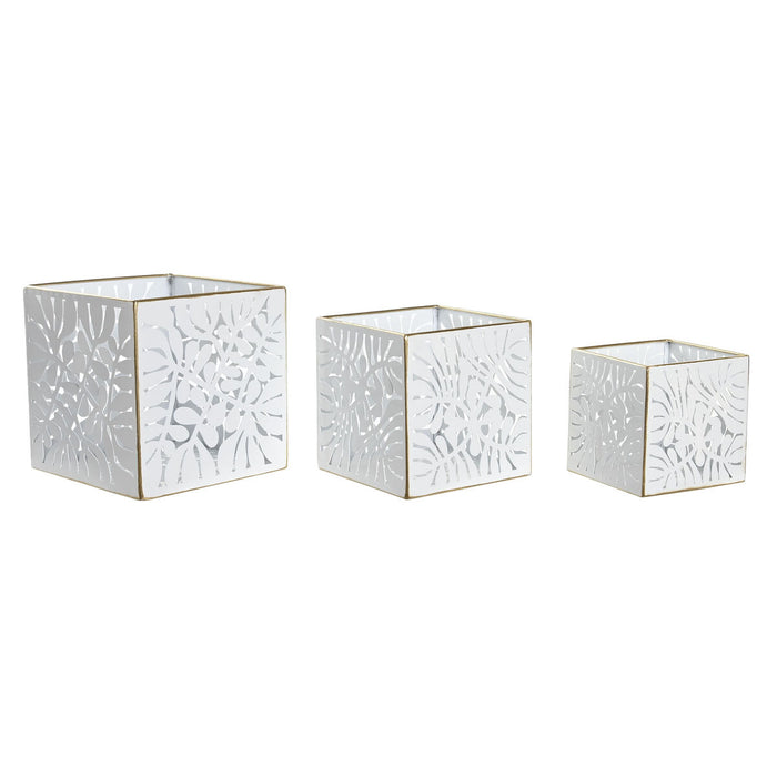 Set de Maceteros DKD Home Decor Hojas Dorado Metal 15 x 15 x 15 cm Blanco Tropical Hoja de planta